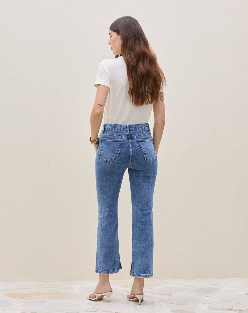 Calça Reta Cropped Jeans - Azul Médio