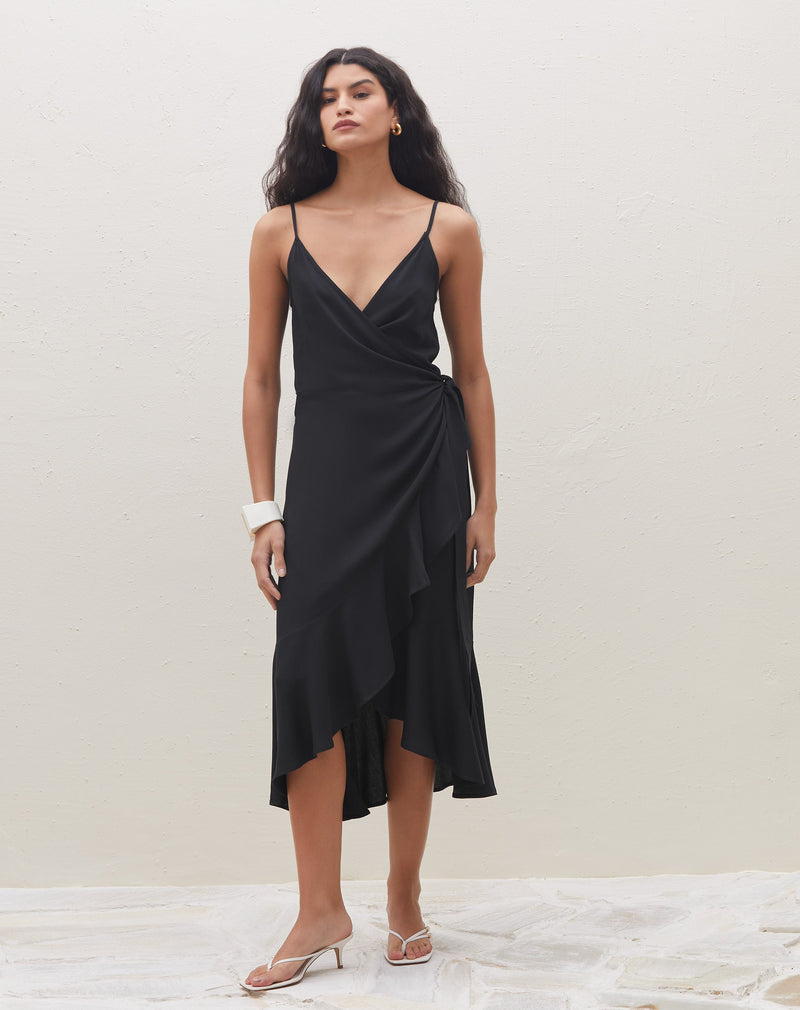 Vestido Midi Transpassado com Babado  - Preto