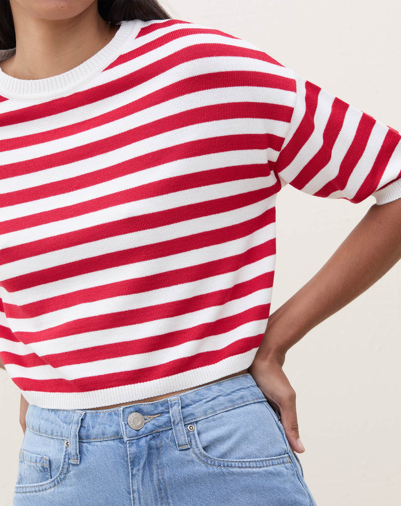 Camiseta Cropped de Tricot Listrada - Vermelho