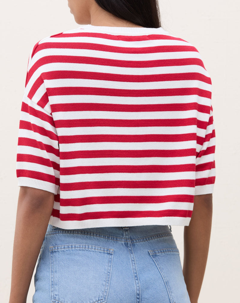 Camiseta Cropped de Tricot Listrada - Vermelho