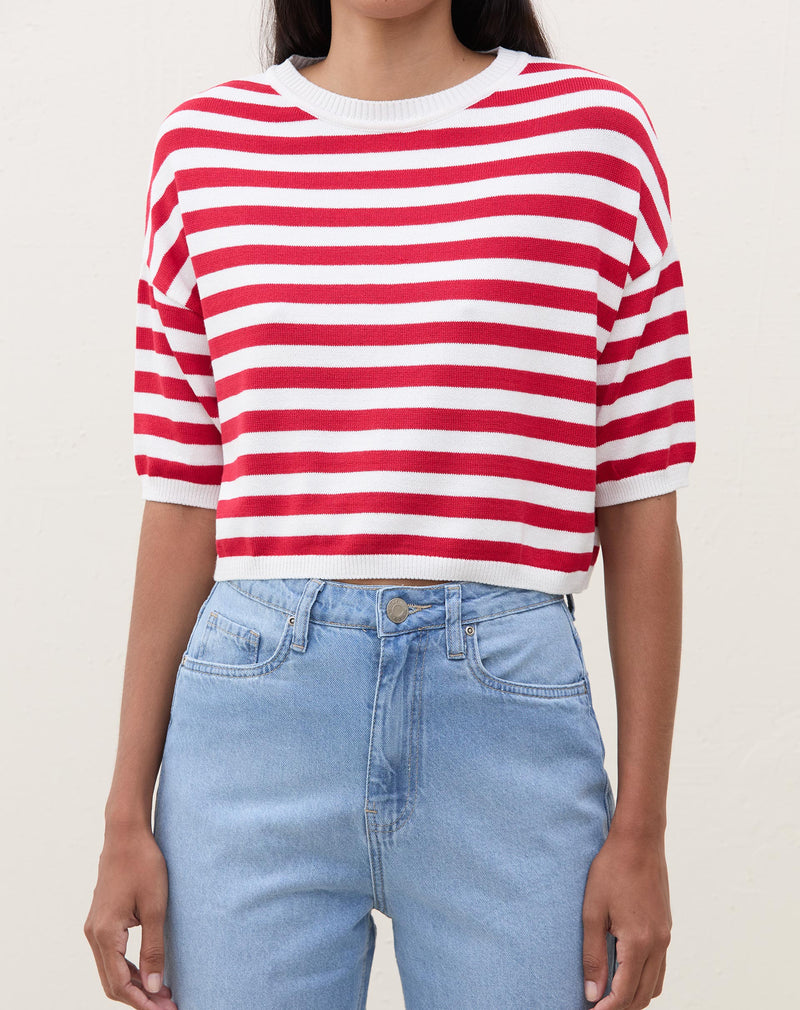 Camiseta Cropped de Tricot Listrada - Vermelho