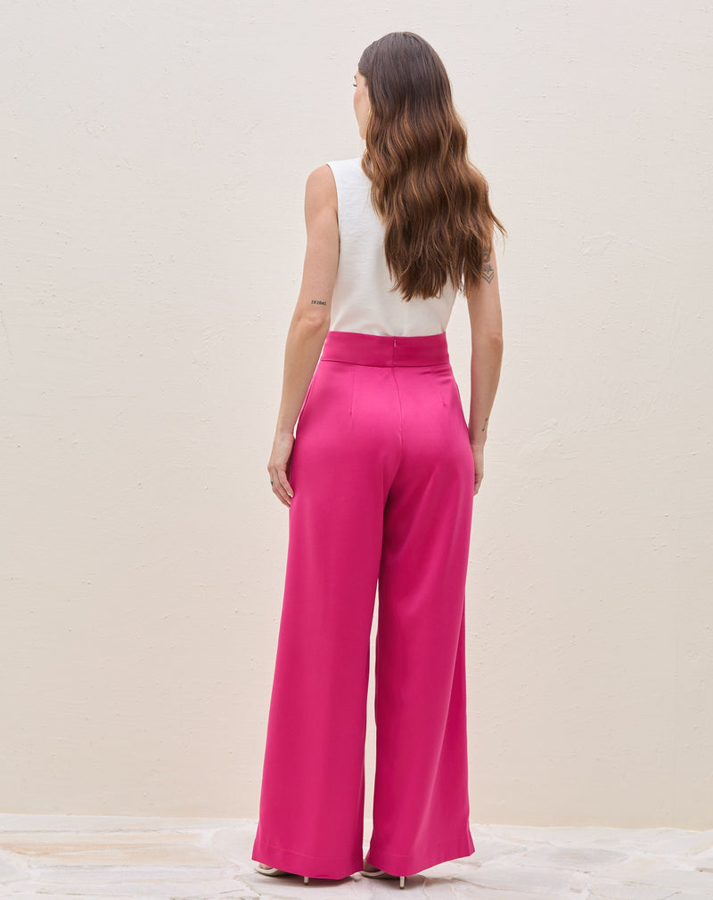 Calça Wide Leg com Pregas Alfaiataria - Rosa Escuro