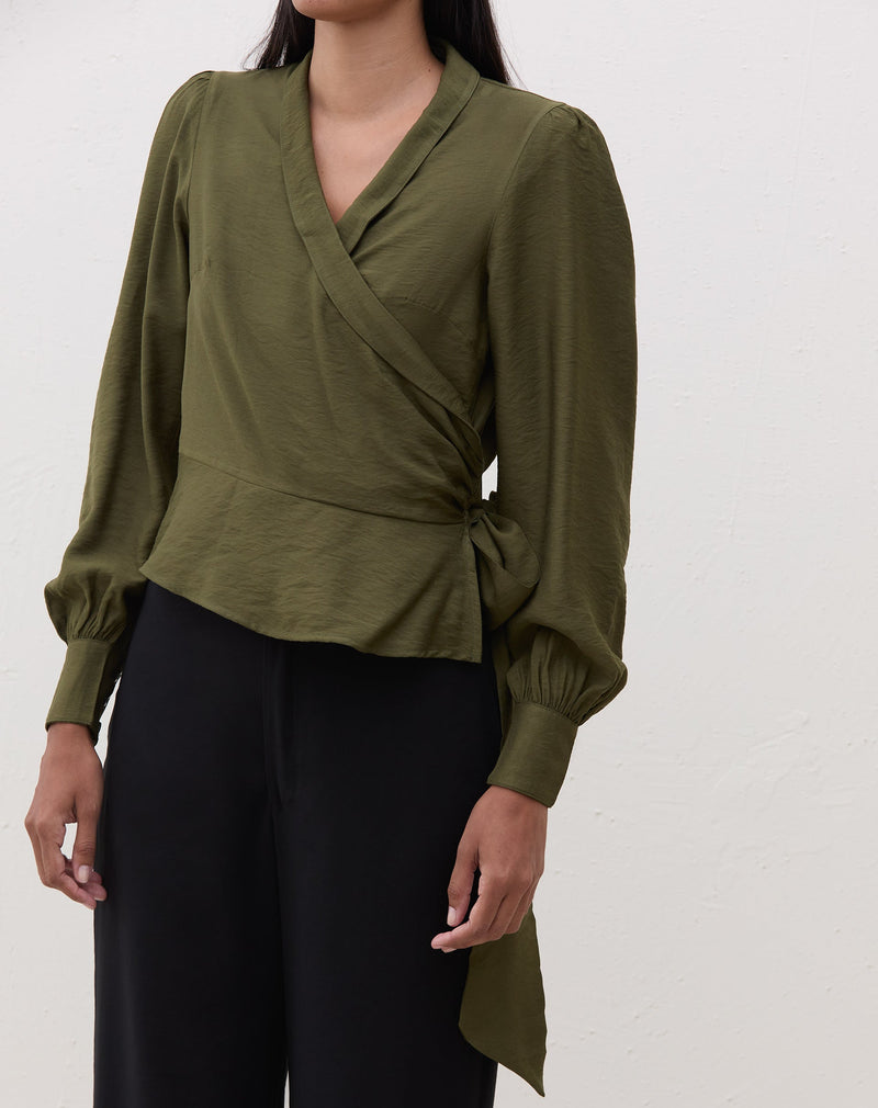 Blusa Manga Longa Transpassada com Amarração - Verde Militar