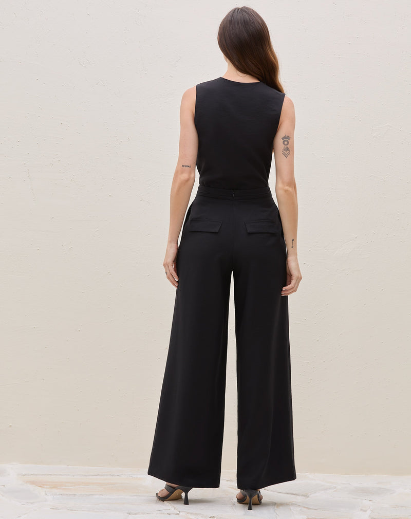 Calça Wide Leg com Pregas - Preto