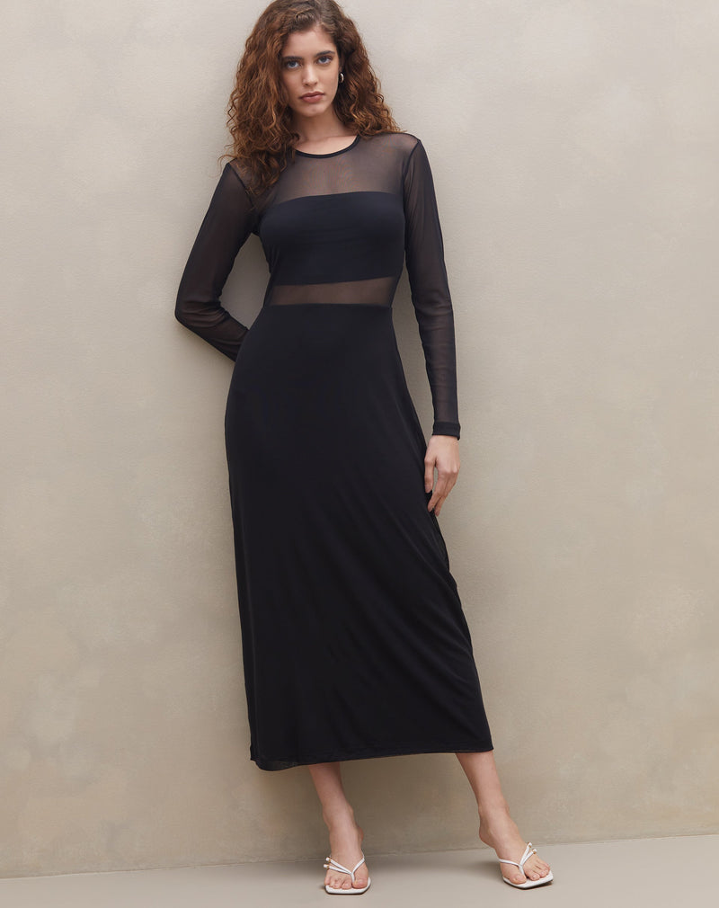 Vestido Midi Manga Longa de Tule - Preto