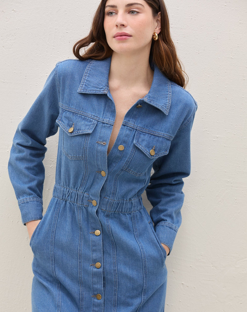 Vestido Jeans Chemise com Bolso - Azul Médio