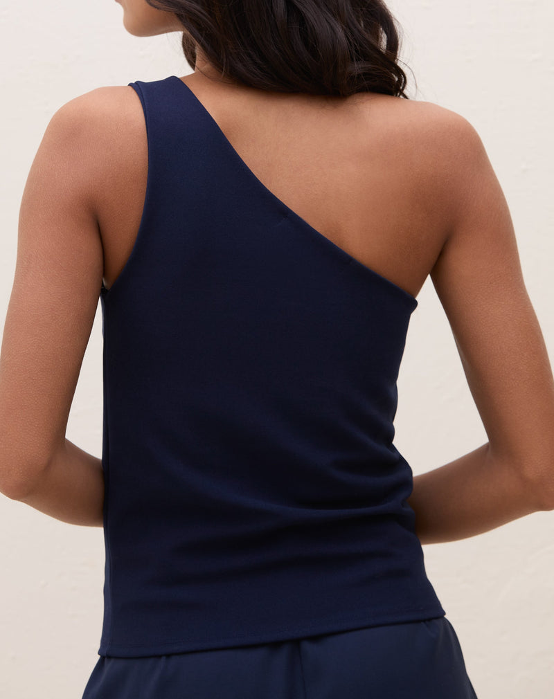 Blusa Um Ombro Só de Malha - Azul Marinho