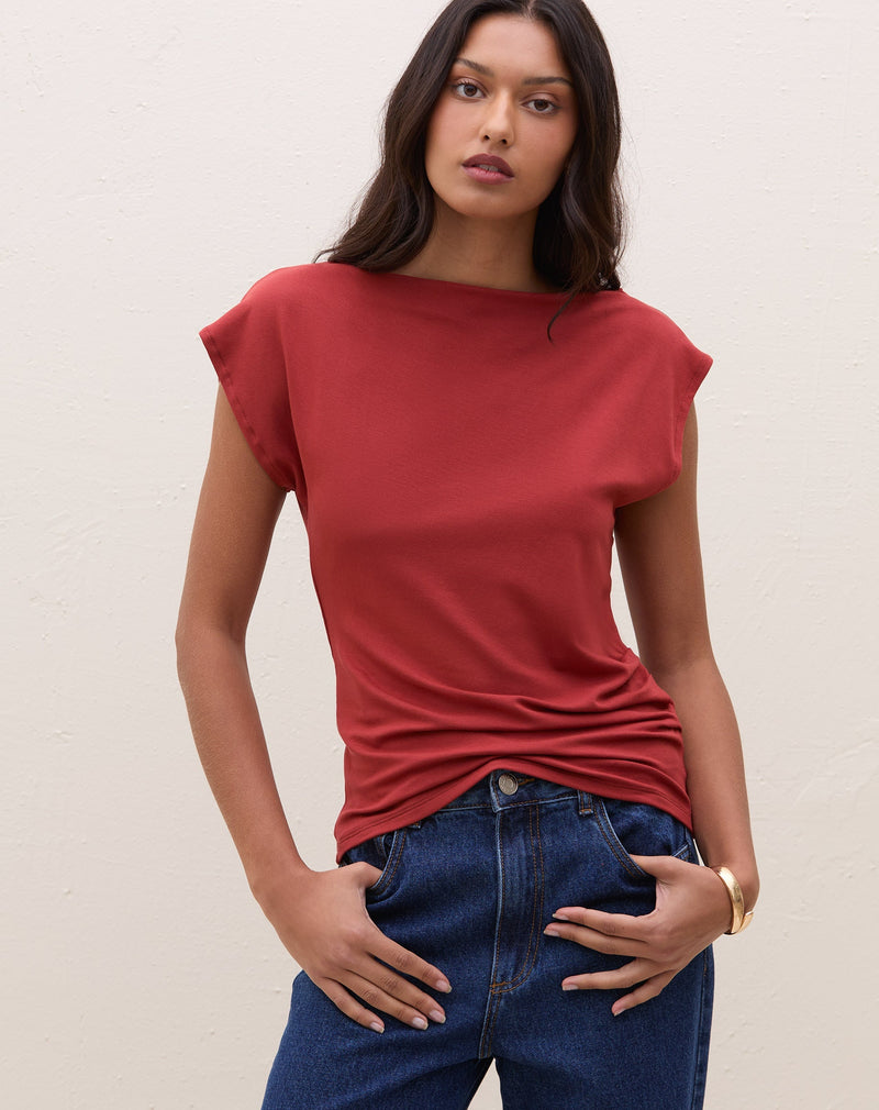 Blusa com Decote Assimétrico de Malha - Vermelho Queimado