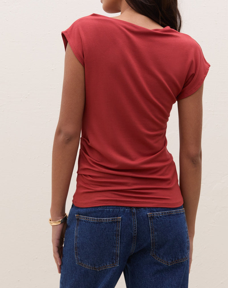 Blusa com Decote Assimétrico de Malha - Vermelho Queimado