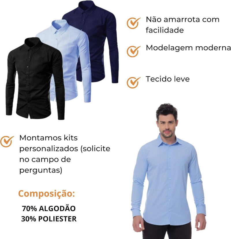 Kit 3 Camisa Social Masculina Slim Fit Premium Pronta Entreg (BR, Alfa, GG, Slim, Variadas)