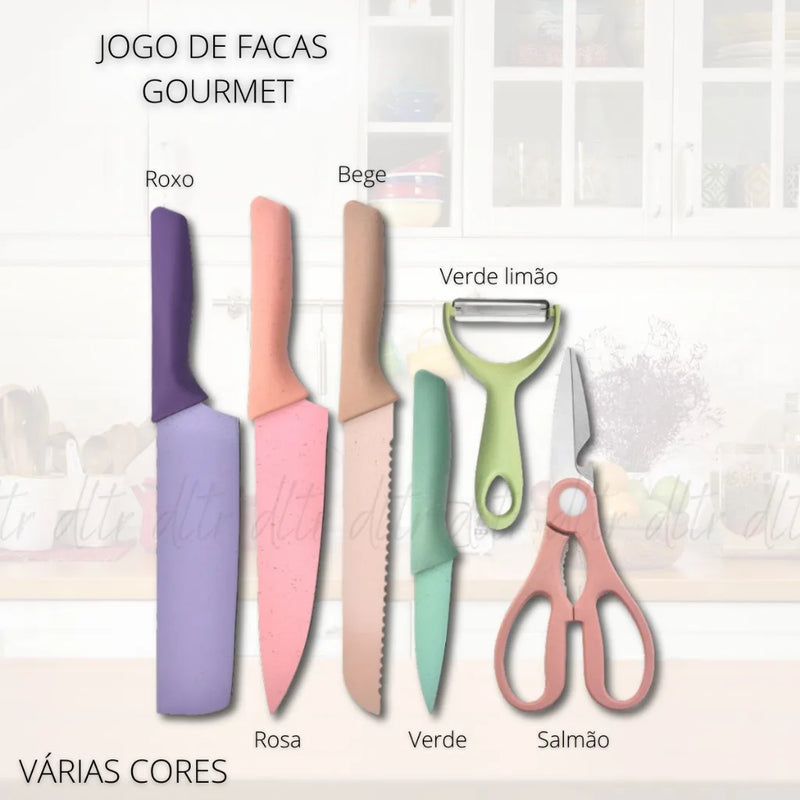 Conjunto Kit 6 Facas Profissional Colorido em Aço Inoxidável com 6 Peças para Churrasco e Cozinha Kitchen Tesoura Facas