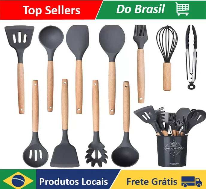 Kit 12 Utensílios De Cozinha Em Silicone E Cabo De Madeira