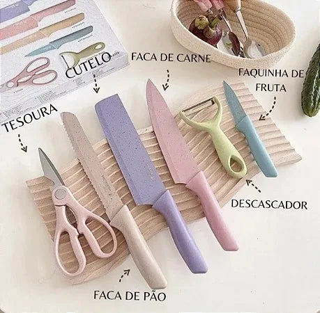 Conjunto Kit 6 Facas Profissional Colorido em Aço Inoxidável com 6 Peças para Churrasco e Cozinha Kitchen Tesoura Facas