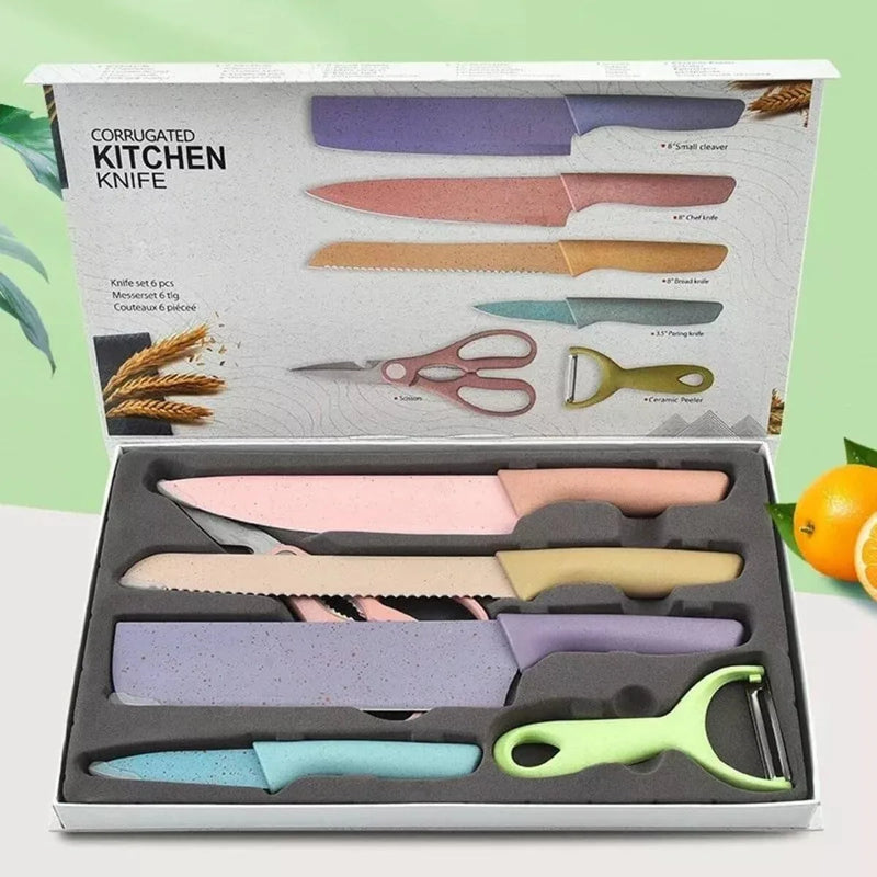 Conjunto Kit 6 Facas Profissional Colorido em Aço Inoxidável com 6 Peças para Churrasco e Cozinha Kitchen Tesoura Facas