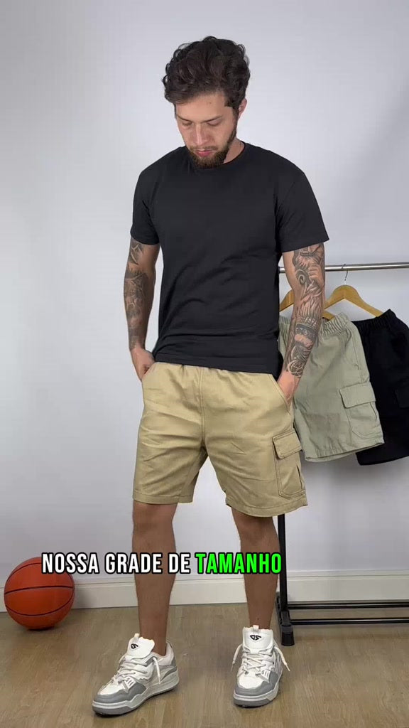 Bermuda Shorts Cargo de Sarja Masculino Mauricinho a cima do Joelho Premium Bolso Lateral