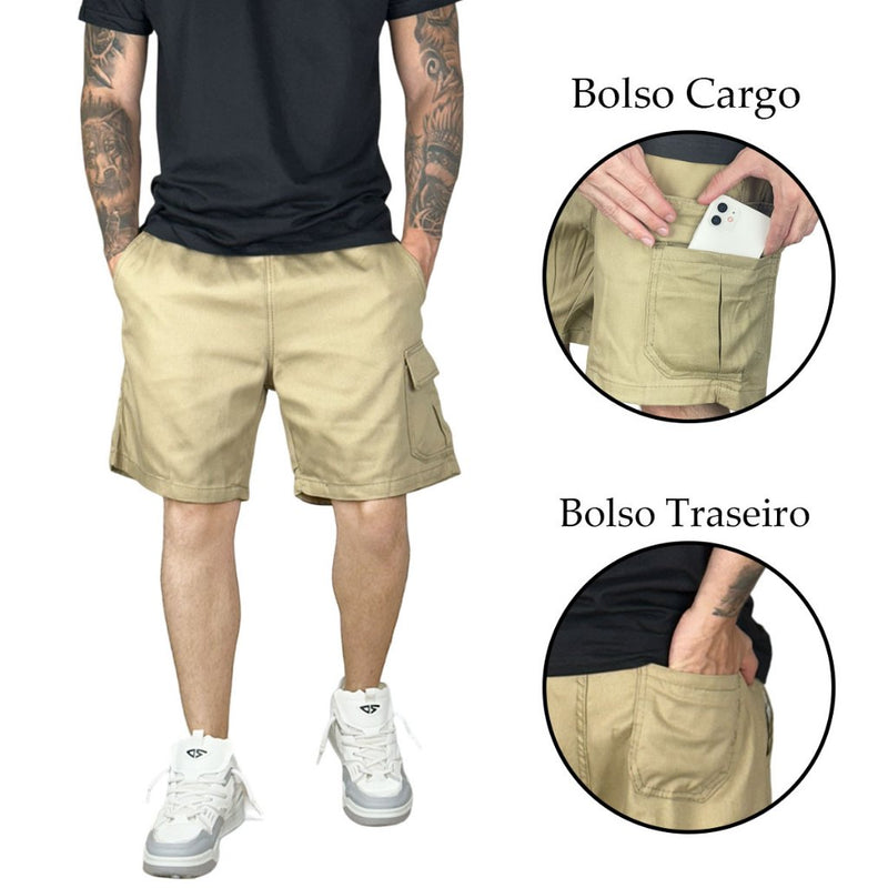 Bermuda Shorts Cargo de Sarja Masculino Mauricinho a cima do Joelho Premium Bolso Lateral