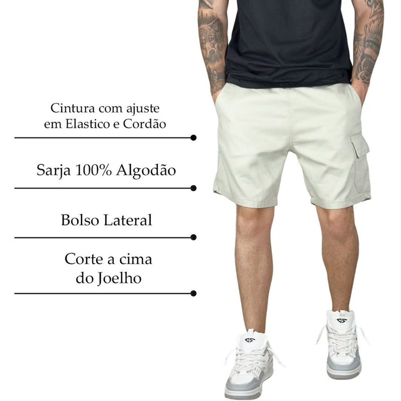 Bermuda Shorts Cargo de Sarja Masculino Mauricinho a cima do Joelho Premium Bolso Lateral