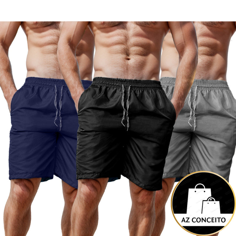 Kit 3 Bermudas Masculinas Reforçadas Tactel Caminhada Academia Piscina Praia Com Bolsos