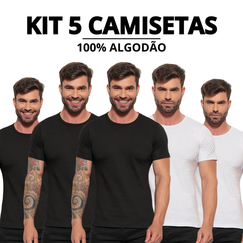 Kit 5 Camisetas Básicas Masculina 100% Algodão Reforço Ombro a Ombro Modelagem Moderna Casual Lisa Fabricação Própria no Brasil